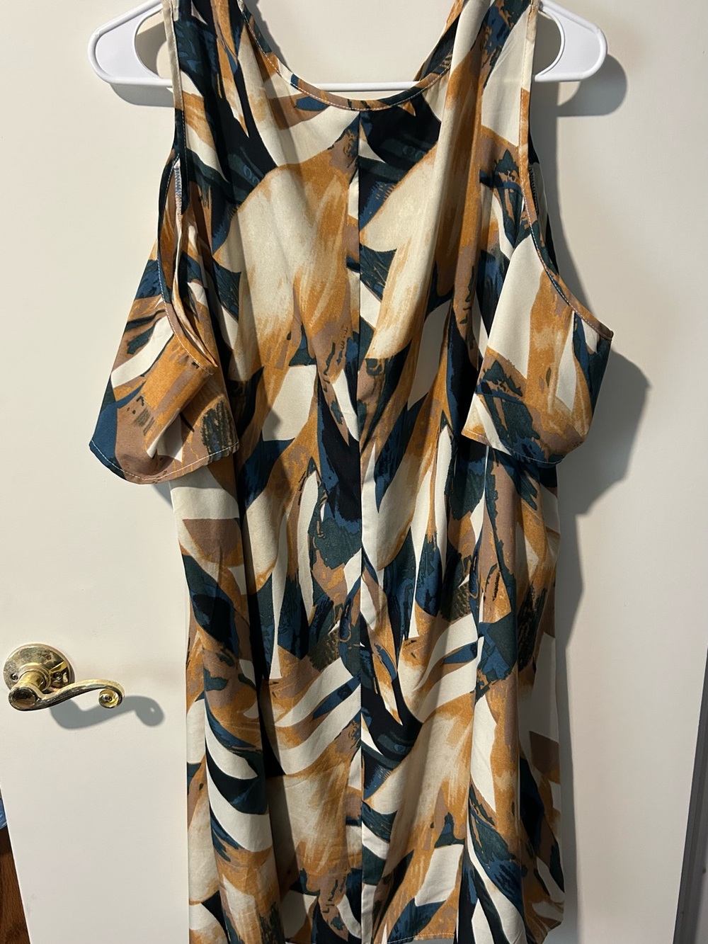 Abstract Cold-Shoulder Midi Dress in Cream, Mustard & Navy